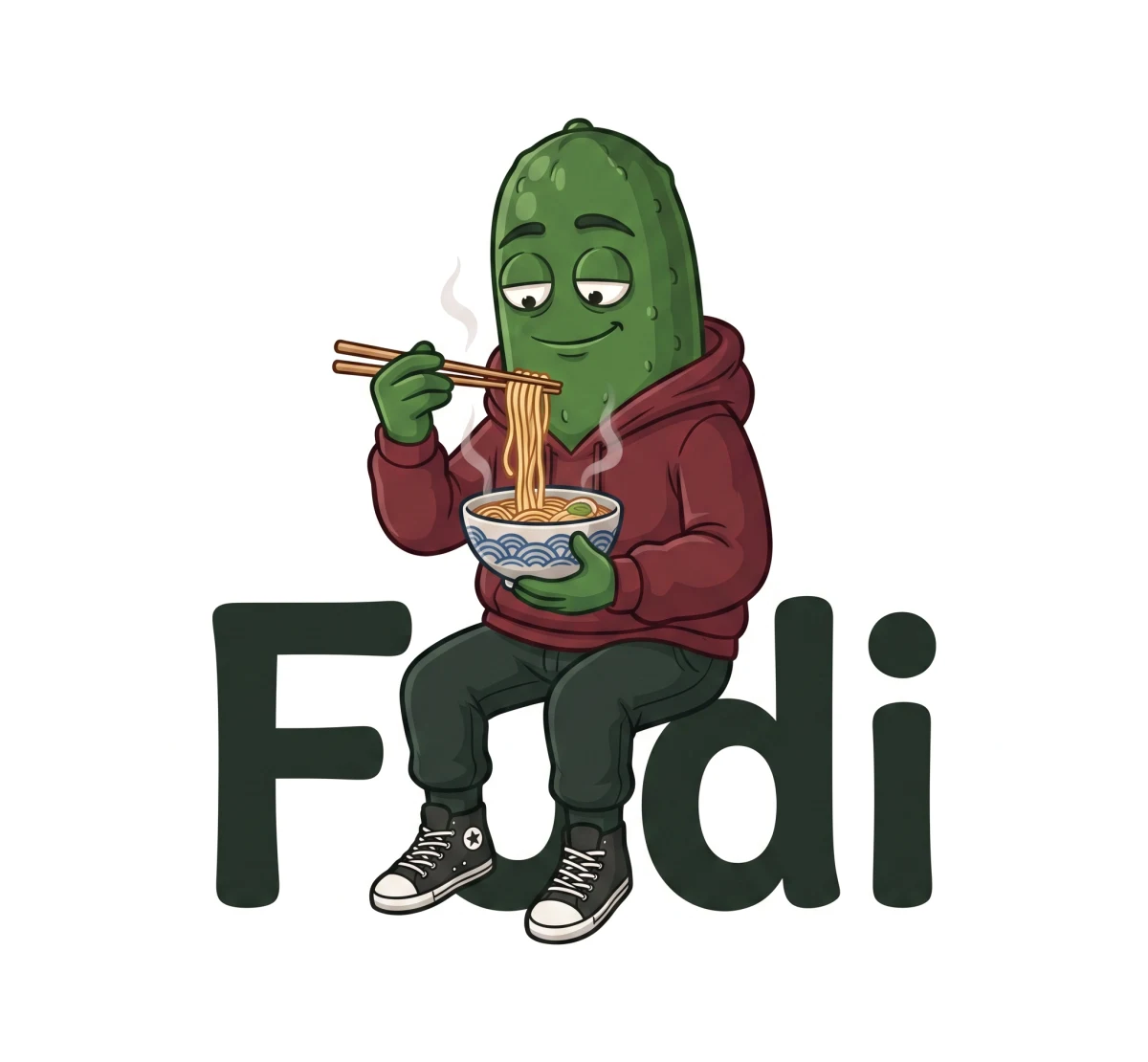 Fudi, a cucumber character in a burgundy hoodie, enjoying a bowl of noodles above the Fudi wordmark.
